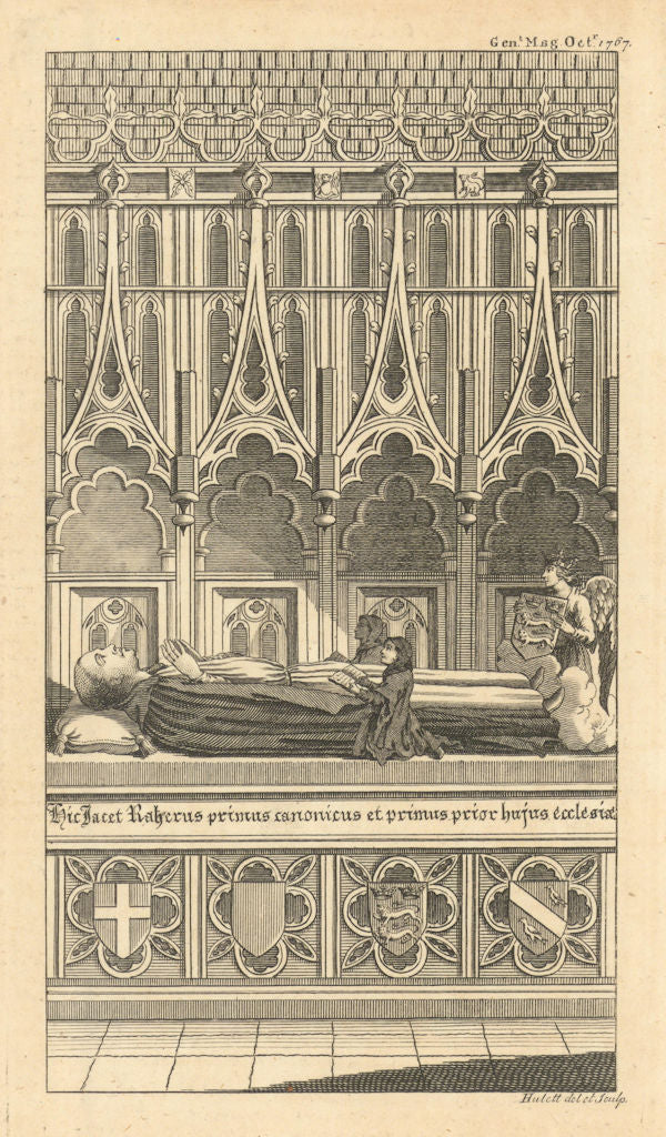 Monument to Rahere, founder of St. Bartholomew's church & hospital 1767 print